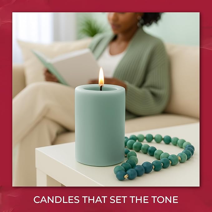 Biedermann & Sons Dripless Unscented Pillar Candles, 45-Hour Burn Time, Seafoam Green, 3 x 4 Inch - Set of 7