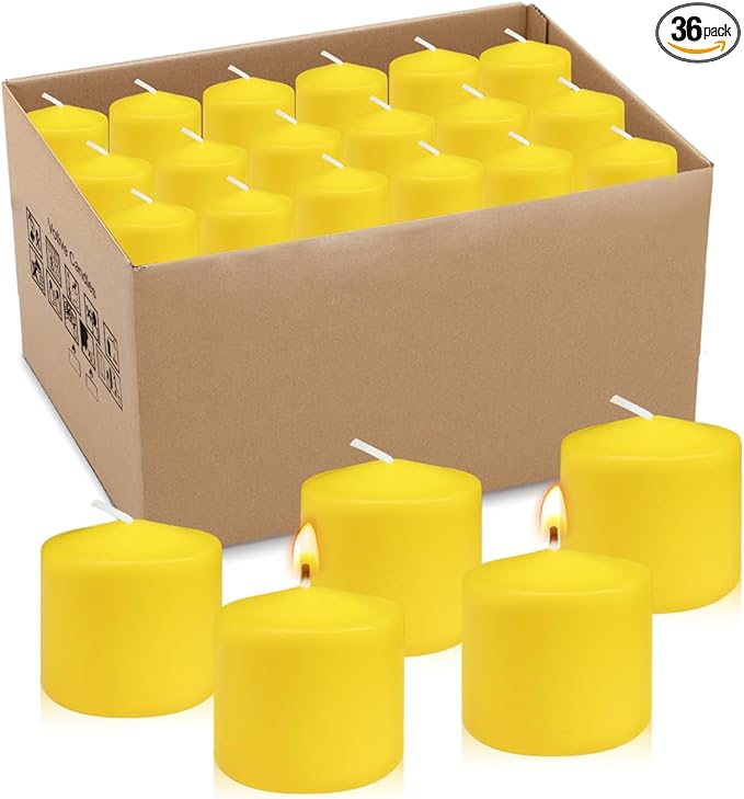 36 Packs Yellow Votive Candles, Unscented 1.5 Inch Diameter Wax Solid Colored Candles for Wedding, Party & Home Dinner Table Decoration - 10 Hour Burning