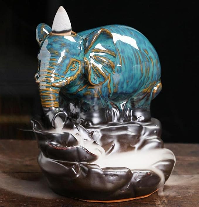 Comeon Backflow Incense Burner Elephant Incense Holder Handmade Ceramic Incense Waterfall Burner Censer + 20 Backflow Incense Cones 30 Incense Sticks 1 Tweezer 1 Mat for Meditaion Home Decor