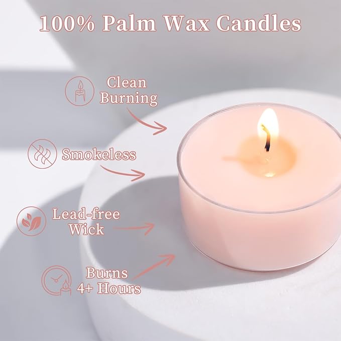 Scented Tea Lights Candles, Sakura Blush, 16 Pack – Soft Pink Scented Tealight Candles– 100% Palm Wax – 6 Hour Burn Time Aromatherapy Tea Light Votive Candle for Spring Decor, Bath, Romance