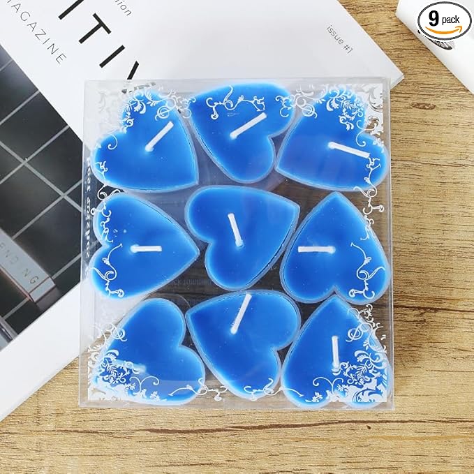 Tea Candles Heart Romantic Candle Small Sweet Wedding Party and Home 1.5-2 Hours Extended Burn Time Votive Parties Tealight Wishing Bulk Birthday Halloween Emergency Family 9 Pack (Blue)