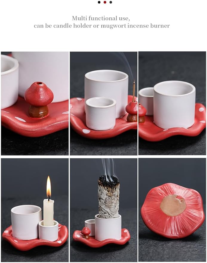 Mushroom Ceramic Incense Holder Set,4-in-1 Design for Sage, Palo Santo, Incense Sticks Candles,Red Ceramic Ash Catcher Tray for Mess-Free Meditation, Yoga and Home Decor