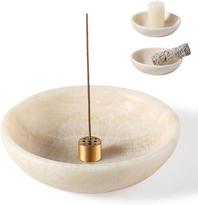 Koville Natural Marble Incense Holder, Incense Holder for Sticks with 9 Holes, Handmade Incense Burner Ash Catcher for Meditation Yoga SPA, Balsam Fir/Palo Santo/Sage/Cone(Ivory)