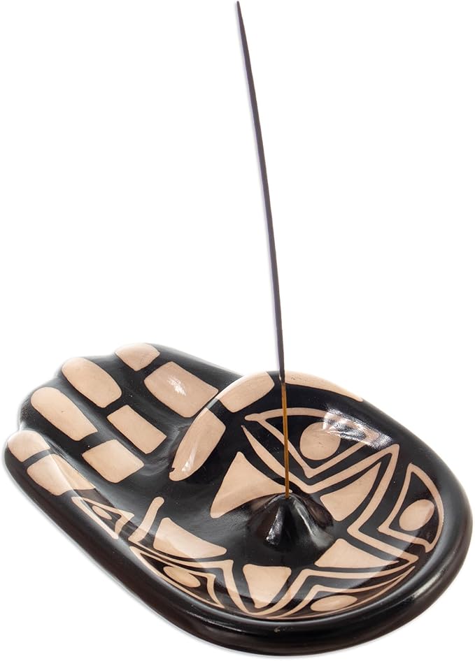 NOVICA Artisan Handmade Ceramic Incense Holder Black White Hamsa Amulet Peru 'Black White Hamsa'