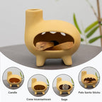 Elegant Handcrafted Ceramic Palo Santo Burner-Yellow Terracotta Footed Incense Holder for Meditation,Compatible with Wood Sticks,Sage,Ash&Cones-Mini Aromatic Home Altar with Chimney Design