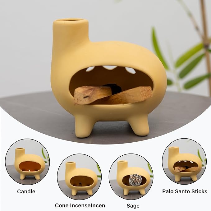 Elegant Handcrafted Ceramic Palo Santo Burner-Yellow Terracotta Footed Incense Holder for Meditation,Compatible with Wood Sticks,Sage,Ash&Cones-Mini Aromatic Home Altar with Chimney Design