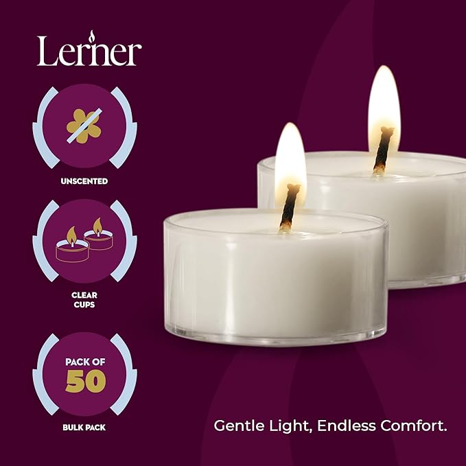 Lerner Tealight Candles in Clear Cups, 200 Count| 6 Hours Long-Burning White Tea Light Candles| Non-Toxic, Smokeless & Soot-Free Tea Light Warmer Candles | Unscented Party, Décor, Shabbat Tea Candles