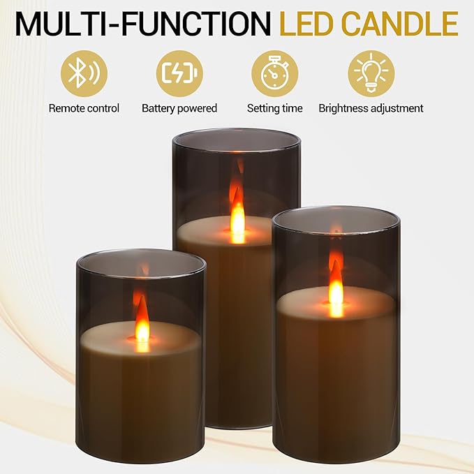Flameless LED Candles, New Analog 3D Wick Battery Powered Candle, Fake Candle with Remote Control & Timer for Dining Table/Cafe/Living Room/Bedroom/Wedding Center Decor (Grey)