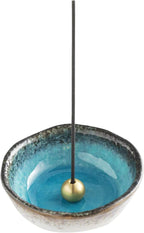 Asayu Japanese Small Mini Incense Holder for Sticks 3.3 inch (83mm), Made in Japan Ceramic Ash Catcher and Brass Incense Burner Set for Yoga, Meditation (Small Mini Nature Ocean Blue Holder)