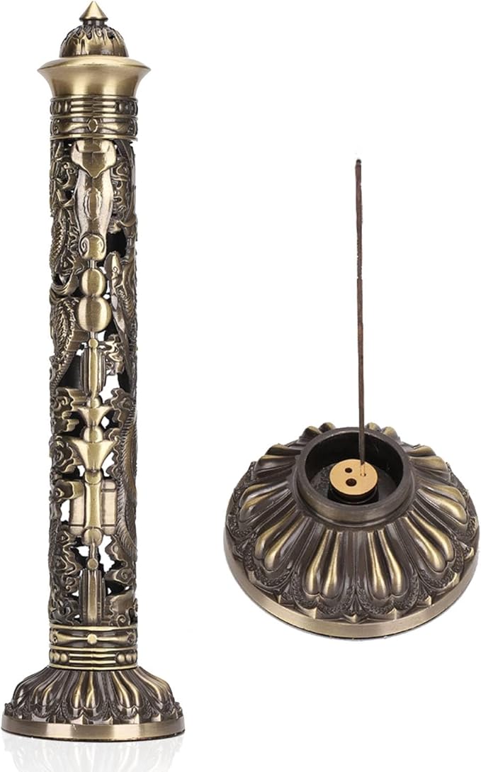 Incense Burner, Stick Incense Holder Brass Incense Holder, Bronze Dragon Phoenix Carving Incense Stick Vertical,Metal Holder Stand for Tea Room Decoration