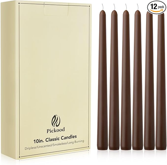 New Burning Formula Unscented Dripless 10-Inch Taper Candles Set of 12 - Cocoa Brown, for Wedding, Dinner - Smokeless, Long Burning - Hand Poured, Colored Tall Candlesticks - Marrón Cacao