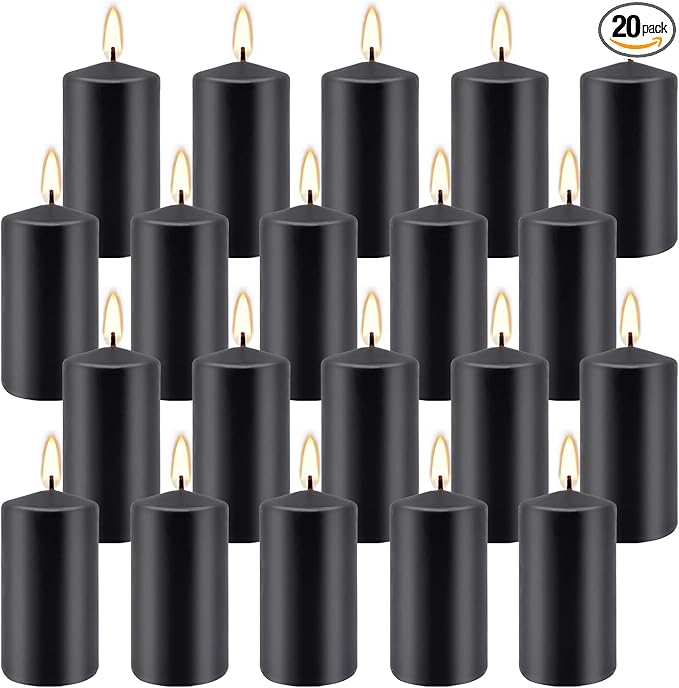 Set of 20 | 2-Inch Wide x 4-Inch Tall Black Pillar Candles - Decorative Unscented Pillar Candles, Long Burning Dripless Candle for Home Decor, Smokeless Large Pillar Candle for Wedding.