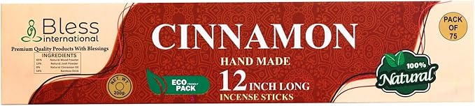 Bless-International-Cinnamon 100%-Natural-Handmade-Incense-Sticks Organic-Chemicals-Free-for-Relaxation-Positivity-Yoga-Meditation 12-Inches-1-Hour-Plus-Burning-Time-75-Sticks-7-OZ