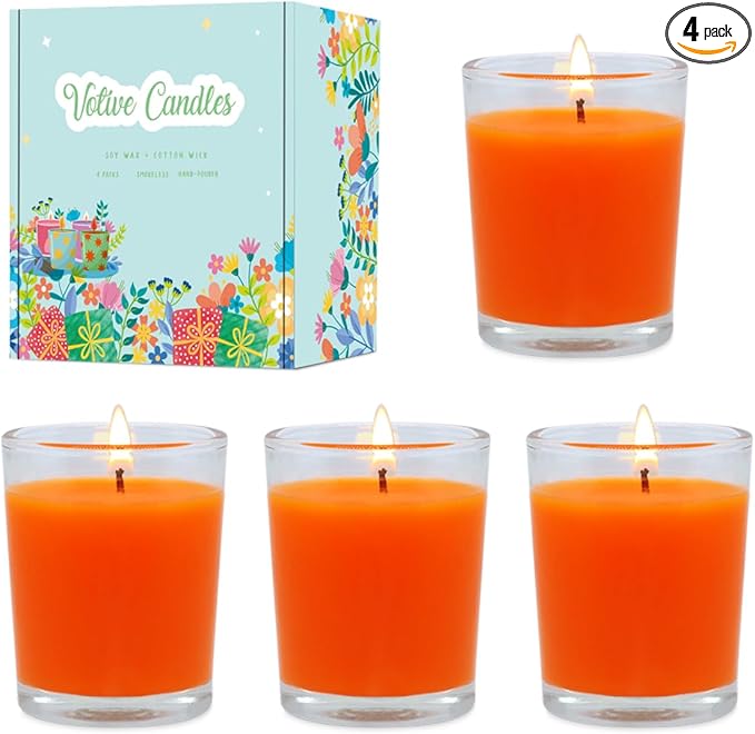4 Packs Unscented Orange Votive Candles in Clear Glass, Small 1.8oz Natural Soy Wax 2 Inch Fall Colored Candles for Thanksgiveing Day Wedding Party Dinner Table Home Decoration- 12 Hours Burn Time