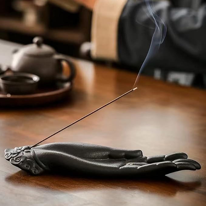 Ceramic Incense Holder for Sticks - Incense Burner Holder Zen Decor with Buddha Hand Design Protection from Evil - 10.2" L X 2.5" W X 1.2" H