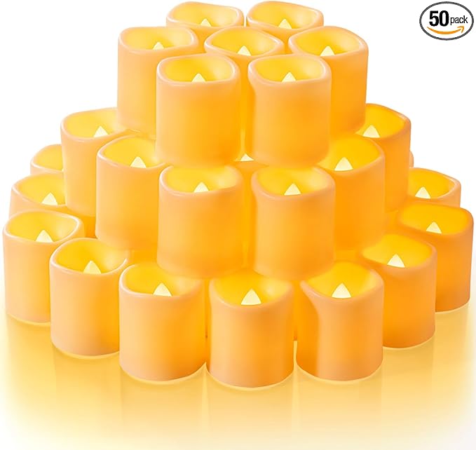 Homemory 50Pack Flickering Flameless Votive Candles,200+Hour Electric Fake Candles,Battery Operated LED Tealight for Wedding,Table,Outdoor,Halloween,Christmas Decoration-Amber Yellow