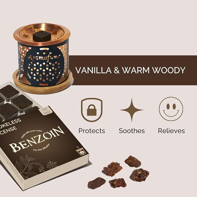 Benzoin Incense Bricks & Flower of Life Exotic Incense Burner by Aromafume | 2 Trays x 9 Bricks | Styrax Extract, Native to Indonesia | Ideal for Prayer & Meditation | Low-Smoke & Non-Toxic