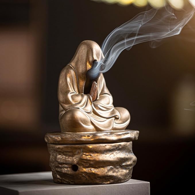 Ceramic Incense Holder for Cone and Coil - Incense Burner Holder Zen Decor with Buddha Statue Design Protection from Evil - 4.72" L X 3.78" W X 6.18" H (Gold)