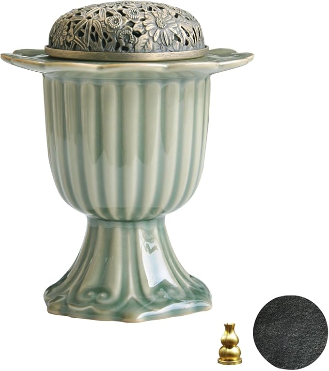 Ceramic Incense Holder with Braze Lid,Incense Cone Burner for Coil Incense,Mediation Gift,Home Decor (Light Green)