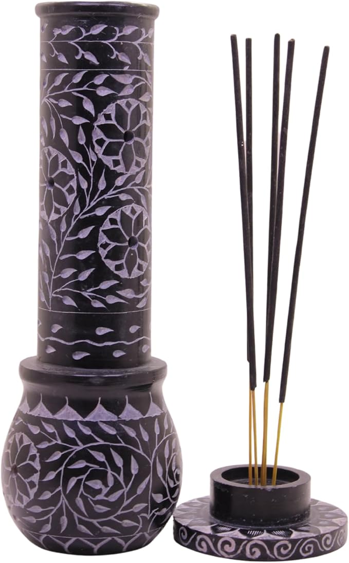 Marble Soapstone Black Incense Stick Holder | Candle Burner | Tea Light Holder - Round Incense Holder Decorative Home and Office Decor - (3 x 3 x 10 Inches)