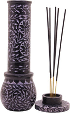 Marble Soapstone Black Incense Stick Holder | Candle Burner | Tea Light Holder - Round Incense Holder Decorative Home and Office Decor - (3 x 3 x 10 Inches)
