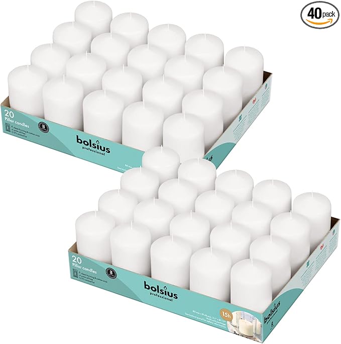 BOLSIUS White Pillar Candles - 2x3 Inches - 2 Packs = Total 40 Candles - 15+ Hours - Premium European Quality - Consistent Smokeless Flame - Unscented Dripless Pillars