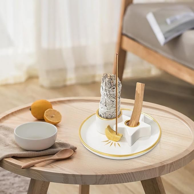 Incense Burner Holder, Palo Santo Holder, Sage Holder for Burning, Incense Holder for Sticks, Candle Holder, 5.9 inches Ceramic Ash Catcher Tray for Meditation Yoga Room