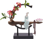 Backflow Incense Holder with LED Light and Begonia, Ceramic Lady Chinese Style Backflow Incense Burner Perfect for Relaxing or Home Decor