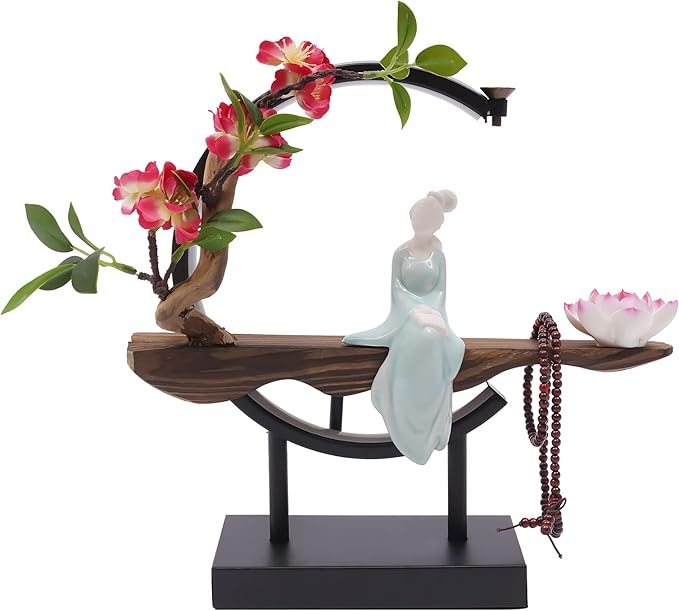Backflow Incense Holder with LED Light and Begonia, Ceramic Lady Chinese Style Backflow Incense Burner Perfect for Relaxing or Home Decor