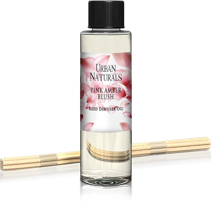 Urban Naturals Reed Diffuser Oil Refill, Pink Amber Blush Fragrance Oil with Florals, Fruits, Vanilla, 4 oz + Free Reed Sticks, Made in The USA