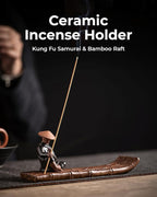 Ceramic Incense Stick Holder with Ash Catcher - Kung Fu Samurai on Bamboo Raft, Chinese & Japanese Home Decor for Meditation, Spa, Yoga