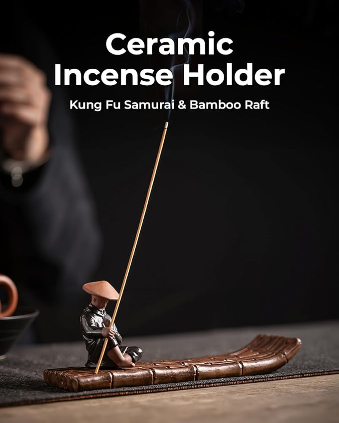Ceramic Incense Stick Holder with Ash Catcher - Kung Fu Samurai on Bamboo Raft, Chinese & Japanese Home Decor for Meditation, Spa, Yoga