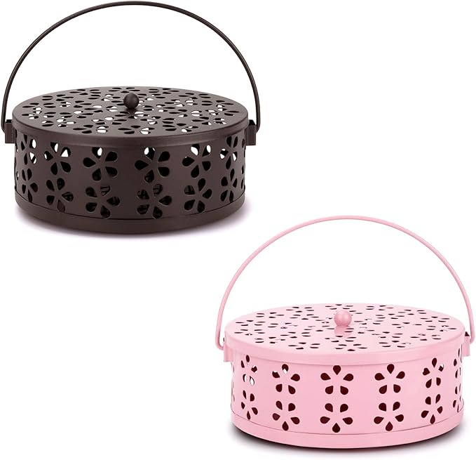 2-Pack Citronella Coil Holder Portable Iron Mosquito Coil Holder Incense Burner with Lid and Handle Round Coil Incense Holder (Bronze/Pink)