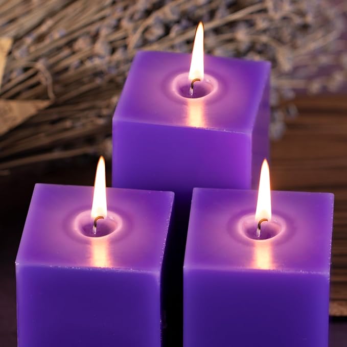 KONNI Square Violet Pillar Candles Set of 3, 2.8"x 4" Unscented Pillar Candles Bulk, 30 Hours Long Burning Candles, Smokeless Dripless Large Candle for Wedding, Home Decoration, Parties, Spas, Dinner