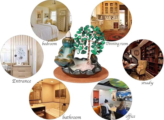 Malachite Waterfall Incense Burner, Money Tree Backflow Incense Holder Healing Crystal Stone, with 30 Backflow Incense Cones + 30 Incense Stick for Yoga Meditation Home Zen Decoration