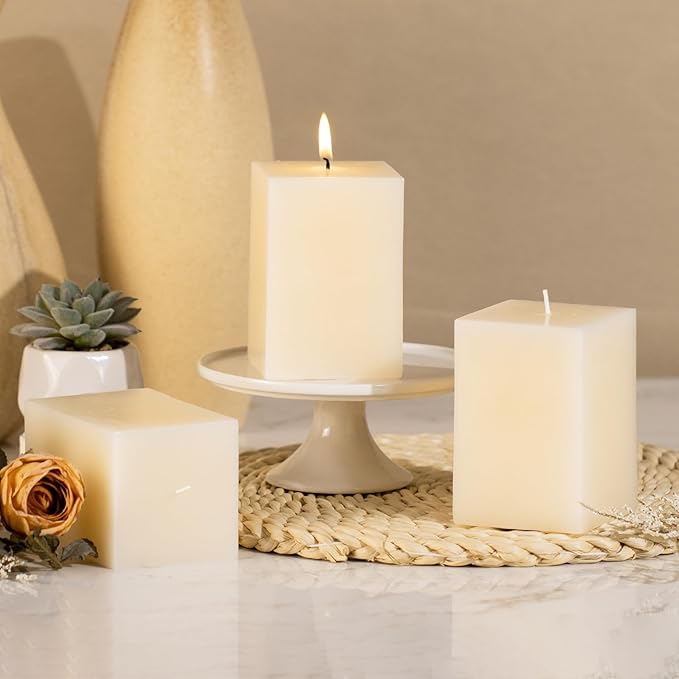 KONNI Square Ivory Pillar Candles Set of 3, 2.8"x 4" Unscented Pillar Candles Bulk, 30 Hours Long Burning Candles, Smokeless and Dripless Large Candle for Wedding, Home Decoration, Parties, Spas