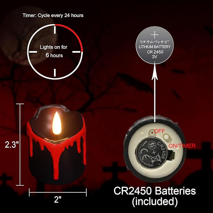 Halloween Black Votive Candles Battery Operated with Long Lasting CR2450 Batteries, LED Flameless Flickering Candles with 6H Timer, 6Pcs Black and Red Drip Wax Candle Gothic Home Decor