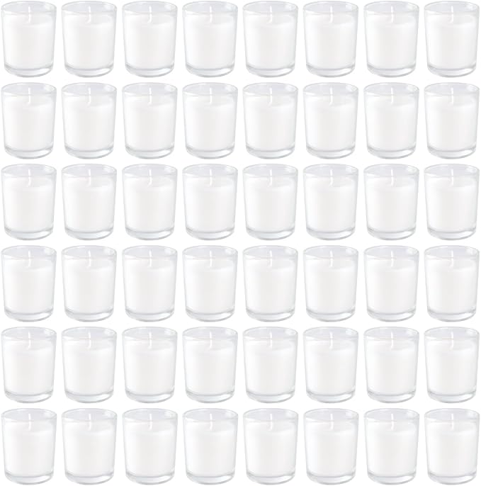 48 Pack White Unscented Clear Glass Filled Votive Candles. Hand Poured Wax Candle Ideal Gifts for Aromatherapy Spa Weddings Birthdays Holidays Party (White)