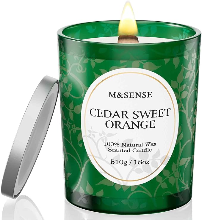 M&SENSE Cedar Orange Candles, Wooden Wick Strong Scented Candle, 100 Hours Long Burning No Toxin Natural Soy Wax 18oz, Cozy Air Purifying Relaxing Home Fragrance, Housewarming Gifts for Her Him