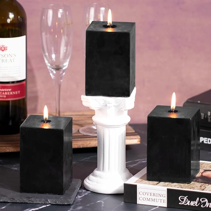 KONNI Square Black Pillar Candles Set of 3, 2.8"x 4" Unscented Pillar Candles Bulk, 30 Hours Long Burning Candles, Smokeless Dripless Large Candle for Wedding, Home Decoration, Parties, Spas, Dinner