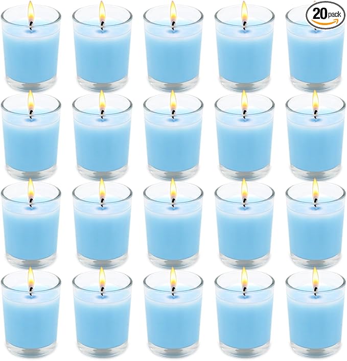 Set of 20 Babyblue Votive Candles Clear Glass Filled Unscented Soy Wax Candle for Home Spa Weddings Holiday Baby-Shower Party and DIY