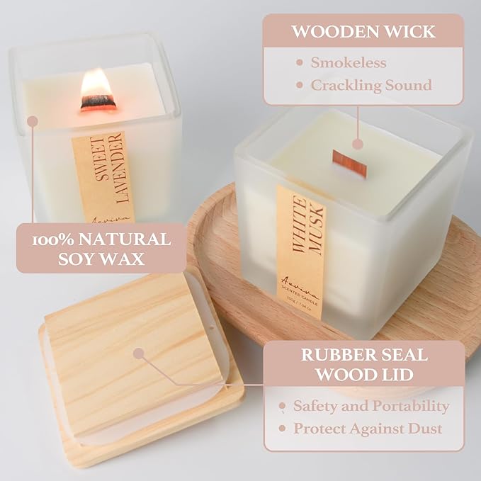 Scented Candle, 7.04 oz White Musk Aromatherapy Candle, Natural Soy Wax with Wooden Wick, Candles for Home, 45 Hours Burn Time, Scented Jar Candle Gifts