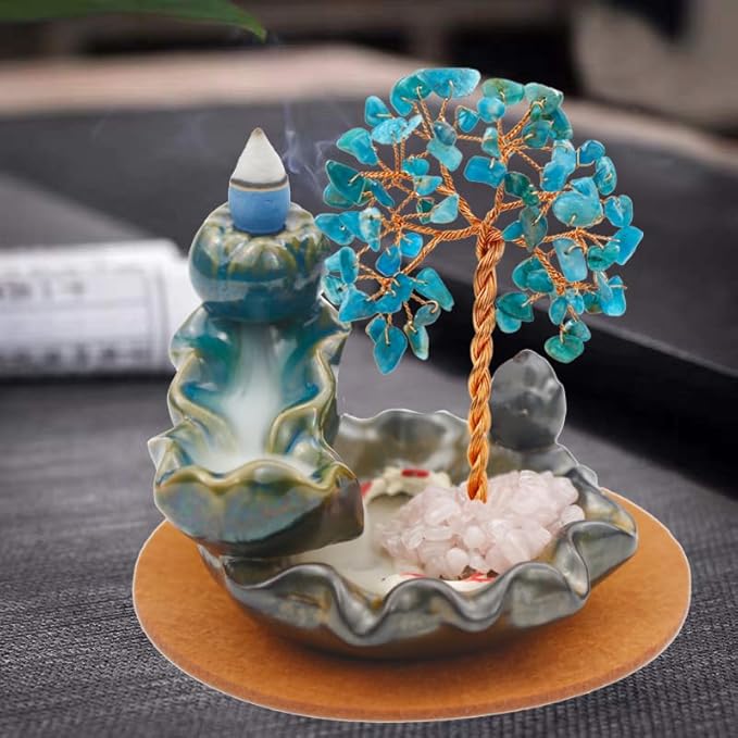 Waterfall Burner, Crystal Tree Backflow Incense Holder, with 30 Incense Cones, 30 Incense Stick, 1 Healing Crystal Necklace, Aromatherapy Anxiety Relief Items, Mom Gifts for Christmas