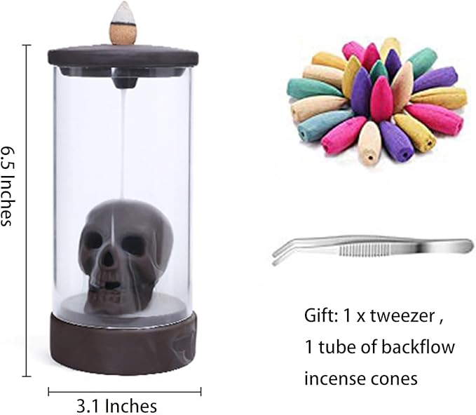 Skull Backflow Incense Burner Ceramic Holder with 45 Cones - Waterfall Smoke Aromatherapy Decor for Home, Yoga, Meditation - Unique Gift for Halloween, Gothic Decor (6.5" H)