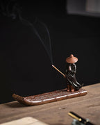Ceramic Incense Stick Holder with Ash Catcher - Kung Fu Samurai on Bamboo Raft, Chinese & Japanese Home Decor for Meditation, Spa, Yoga