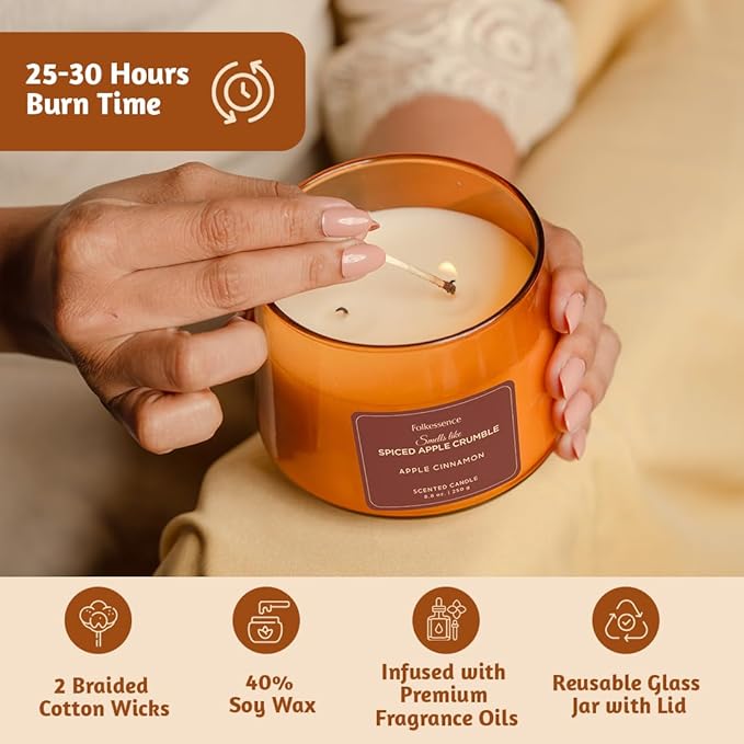 Folkulture Fall Scented Candle | Large 8.81 Oz - Apple Cinnamon | Two Wick Soy Candles | Autumn Non Toxic Candles for Relaxing | Long Lasting for Aromatherapy | Thanksgiving & Holiday Gifts for Women