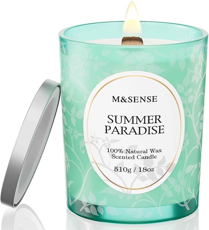 M&SENSE Citrus Pine Scented Candles Summer Paradise, Wooden Wick Candle with Lid, 100 Hours Slow Burning No Toxin Natural Soy Wax 18oz, Air Purifying Calm Relax Home Fragrance, Housewarming Gifts