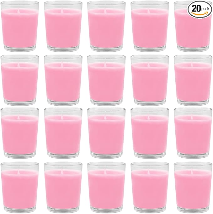 Set of 20 Pink Votive Candles Clear Glass Filled Unscented Soy Wax Candle for Home Spa Weddings Romantic Holiday Party and DIY