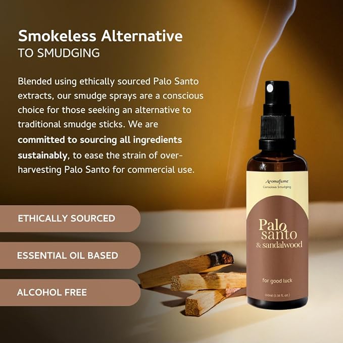 Palo Santo & Sandalwood Smudge Spray by Aromafume | 1 x 100ml / 3.38 fl oz l Aromatherapy | With Essential oils | Room Linen Spray | Natural Air freshners for home | Spiritual Meditation Accessories