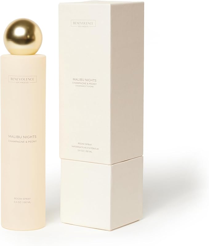Benevolence LA Malibu Nights Room Spray | Champagne & Peony | 3.4oz | Versatile Home Fragrance, Pillow & Linen Spray | Low VOC, No Alcohol | Malibu Sands Collection